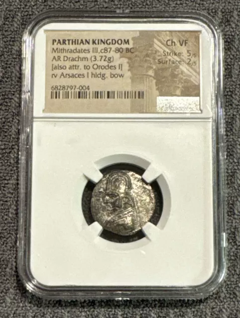 (c87-80 BC) PARTHIAN KINGDOM, Mithradates III, AR Drachm “Arsaces I holding bow”