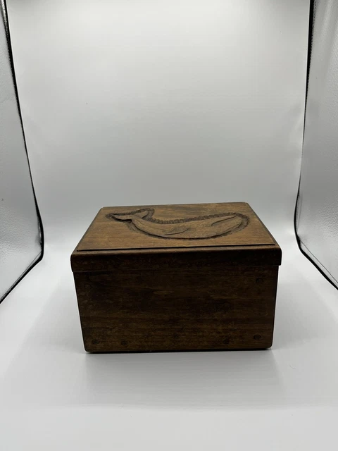 Antique Naval Handmade Nautical Box W/ Hand carved Whale On Lid- Signed! 1970’s