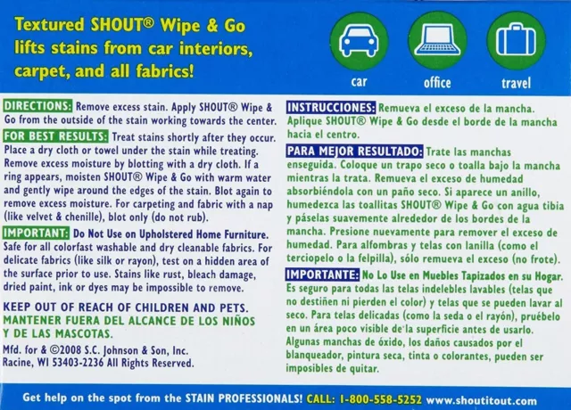 3 Pack Shout Wipe & Go Instant Stain Remover - 12 CT Each (36 Total) 2