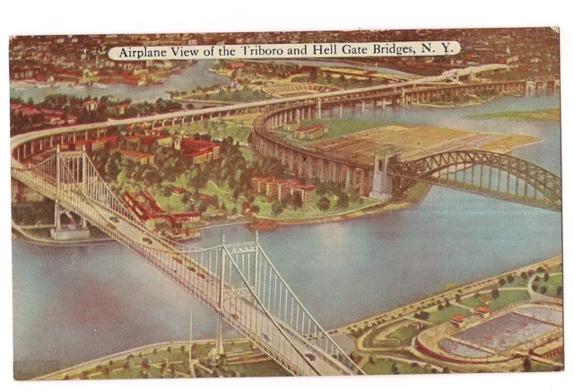 Airplane Triborough TRIBORO HELL GATE BRIDGES New York City Postcard Old Aerial