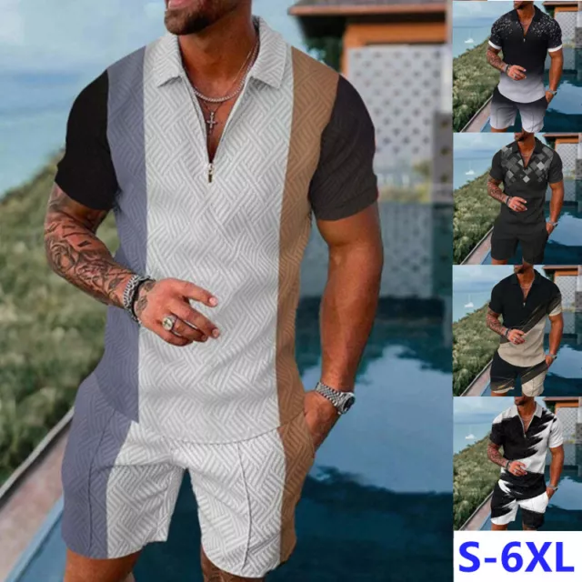 Summer Mens Casual Outfit 2-Piece Set Sweatsuit Short Sleeve T Shirts Shorts Set