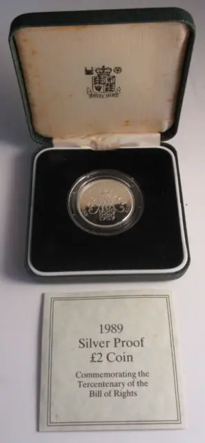 1989 Tercentenary Bill Of Rights Silver Proof Uk Royal Mint £2 Coin Box & Coa