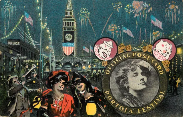 1909 Postcard Portola Festival San Francisco Night Fireworks Woman in Vignette