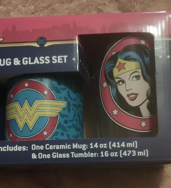 DC Wonder Woman Mug & Glass Set Silver Buffalo NiB