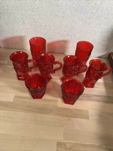 Set of 8 Vintage Avon Cape Cod Ruby Red Glass Footed Pedestal 5" Mug, Cup ,Bowl