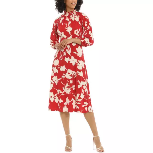 Maggy London Womens Red Ruffle Smocked Mock Neck Midi Dress 10 BHFO 7822