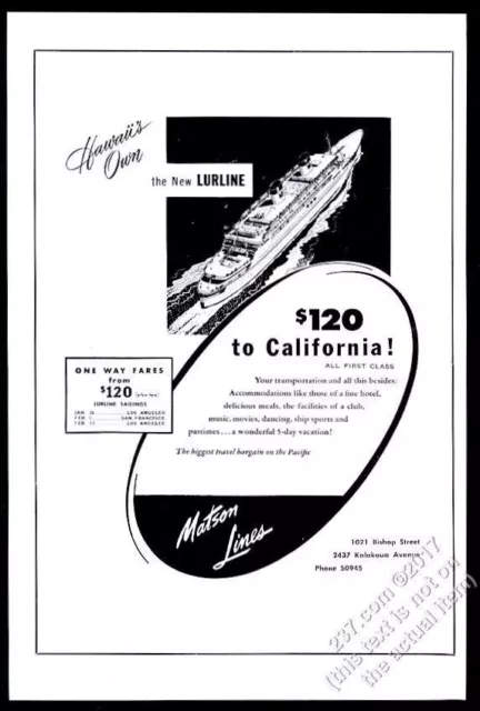 1950 SS Lurline ship art Hawaii to California Matson Lines vintage print ad