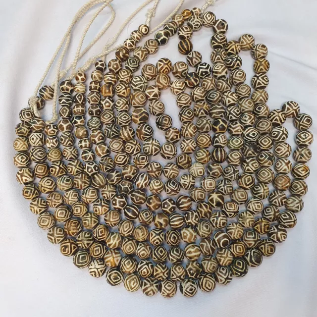 Asian Burmese Old Pumtek petrified Wood Stone beads Long necklace Unique pattern