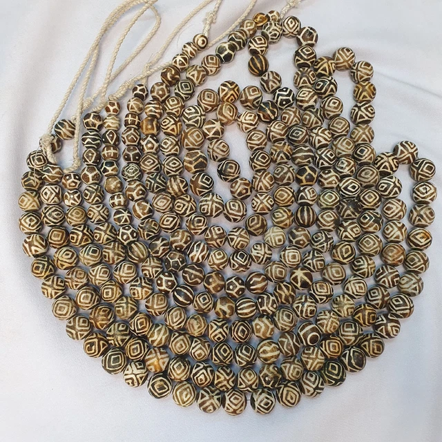 Asian Burmese Old Pumtek petrified Wood Stone beads Long necklace Unique pattern