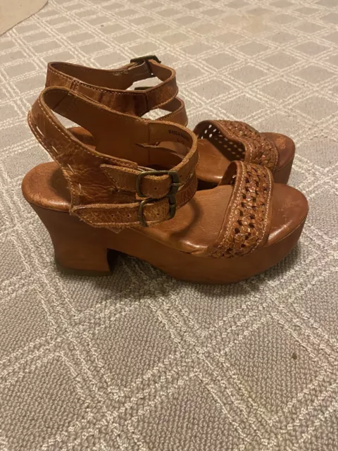 Bed Stu, Brown Leather, Wooden Wedge Kalah Studded Strappy Sandals, Size 6.5