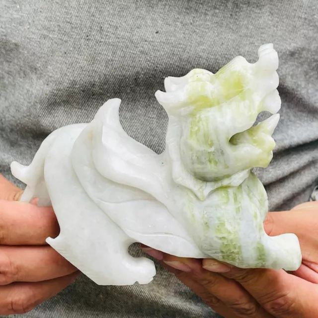 1.73LB Natural Lantian jade quartz hand carved crystal Kirin skull reiki healing