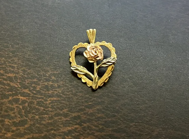 Real 14kt Yellow/Rose/White Gold Heart and Rose Pendant Tricolor