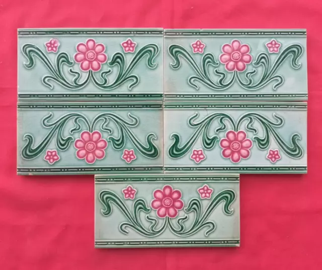 5 Piece Lot Old Art Flower Design Embossed Majolica Ceramic Tiles Japan 0195