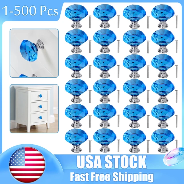 30MM Blue Glass Cabinet Drawer Crystal Diamond Shape Door Pull Handle Knob Lot