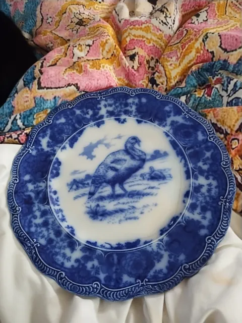 Ridgways Staffordshire Flow Blue Turkey Dinner Plate 10" Antique England