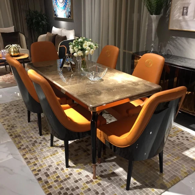 Dining Set Chairs Table Design Hotel Furniture Group + Six Units Armchair Orange