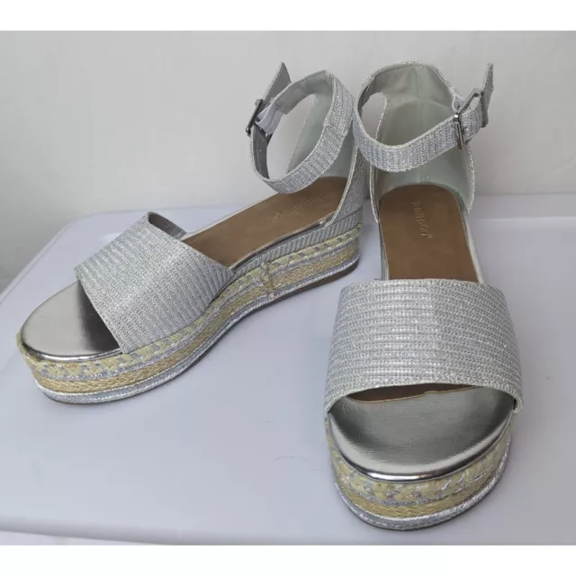 Bamboo Women's Size 10 Espadrilles Silver Open Toe Ankle Strap Platform Sandal