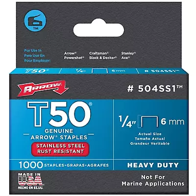 Arrow T50 1/4" - 6mm Stainless Steel Staples Pack of 1000