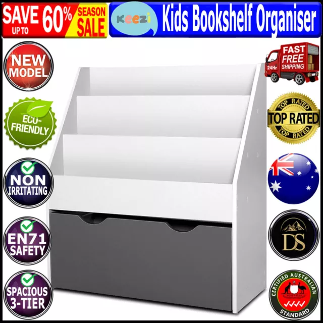 Keezi Kids Bookshelf Childrens Bookcase Organiser Storage Shelf Wooden White