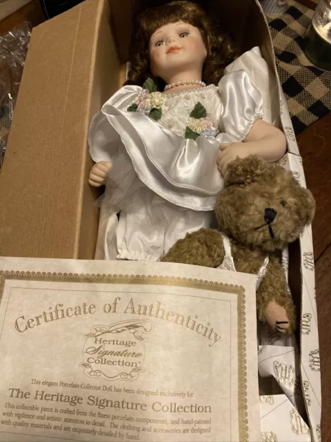 Vintage The Heritage Signature Porcelain Collector doll & bear wedding