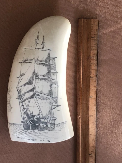 REPLICA SPERM WHALE TOOTH SCRIMSHW SHIP  HAND CARVED by AL DOUCETTE 1987