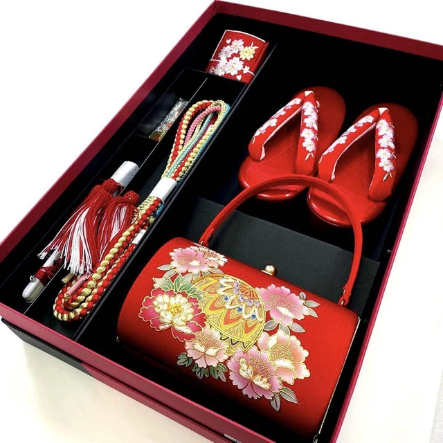 Hakoseko Set Children's Seven-Five-Three Festival Girl Zori Bag Red Peony Cher