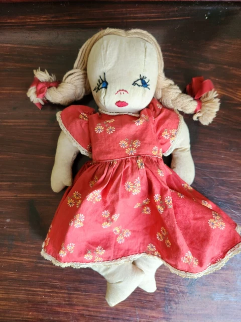 Antique Folk Art Rag Doll Cloth Girl Primitive Pioneer Hand Stitched Vintage 11"