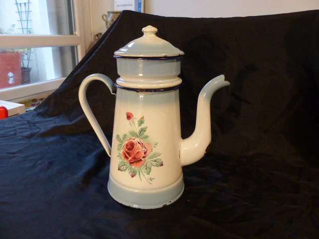 Ancien pot à café floral en émail Roses émaillé Cafetière