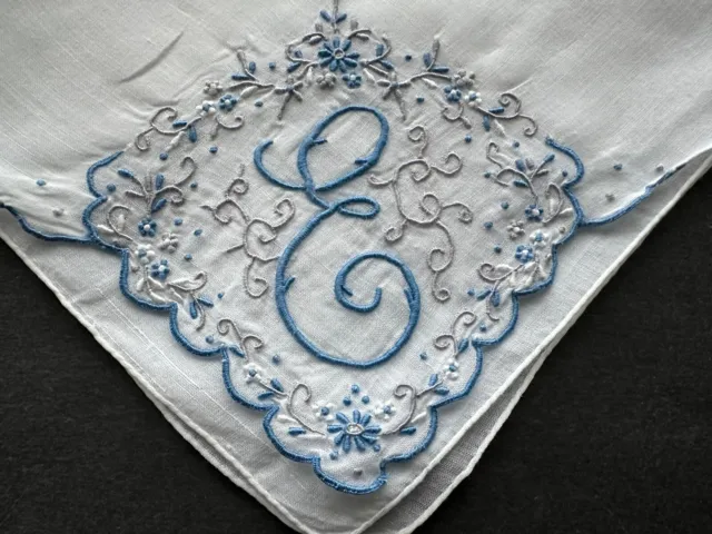 A+ Vintage White Cotton Hankie Madeira Hand Embroidered Blue Monogram E Wedding