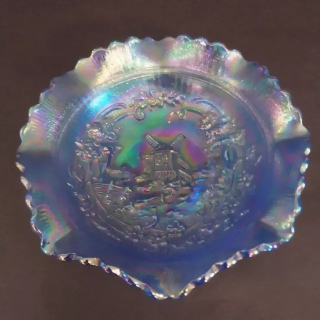 Vtg LE Smith Glass Company Ice Blue Carnival Glass Bowl Windmill 8 in