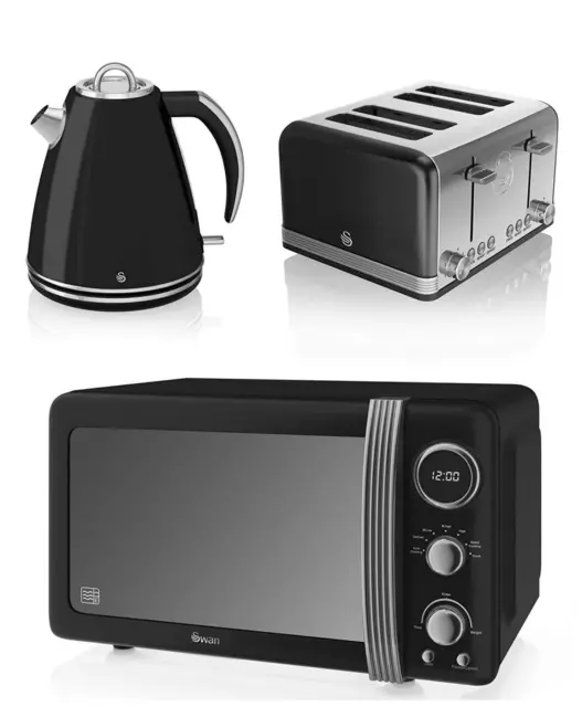 Digital Microwave JUG Kettle Toaster BLACK 4 slice Swan Kitchen Retro Set