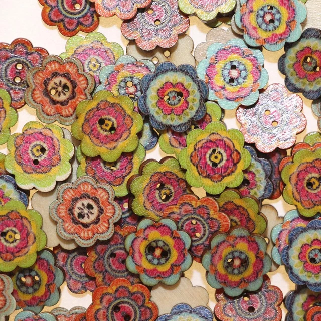 Bouton en Bois Vernis 19mm en Forme Fleur - Lot de 10 - Scrapbooking Mercerie