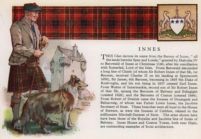 Innes. Scotland Scottish clans tartans arms 1957 old vintage print picture