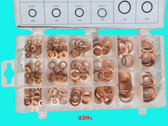 220 Kupferringe Sortiment Kupfer Dichtringe Dichungstringe Ölablass Box