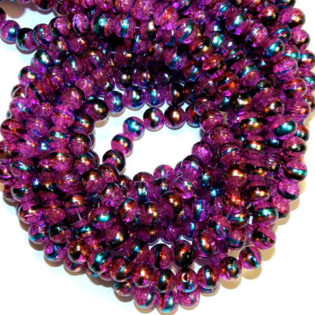 G1731 Fuchsia Pink 8mm Round Metallic Drawbench Swirl Crackle Glass Beads 32"