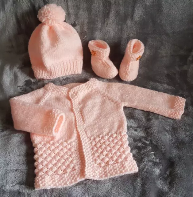 0-3 month hand knitted baby jacket with booties and hat