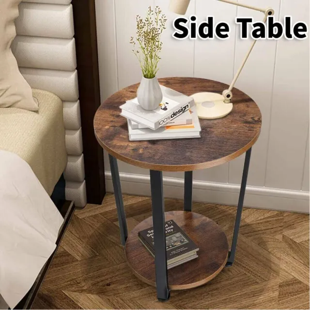 Side Table Retro 2-Tier Wooden Industrial Style Round Coffee Table Living Room