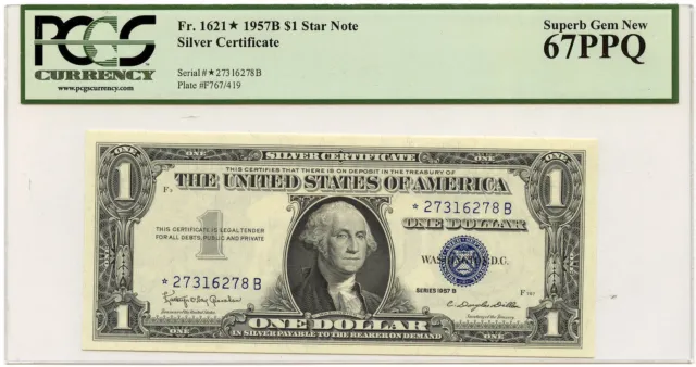 1957B $1 Silver Certificate Star Note Fr. #1621* PCGS Superb Gem New 67 PPQ