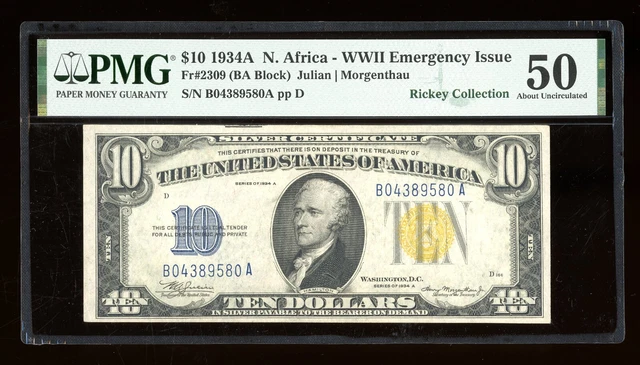 DBR 1934-A $10 North Africa Silver Fr. 2309 PMG AU-50 Serial B04389580A