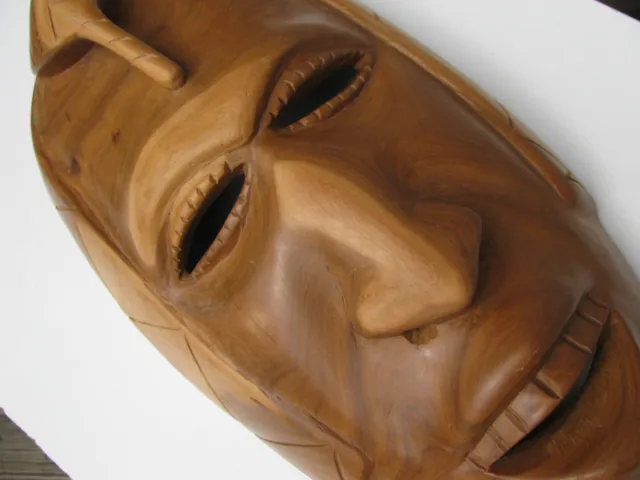 Vintage Hand Carved Mahogany Wood Grain African Mask Eyes Nose Mouth Cut Out 12