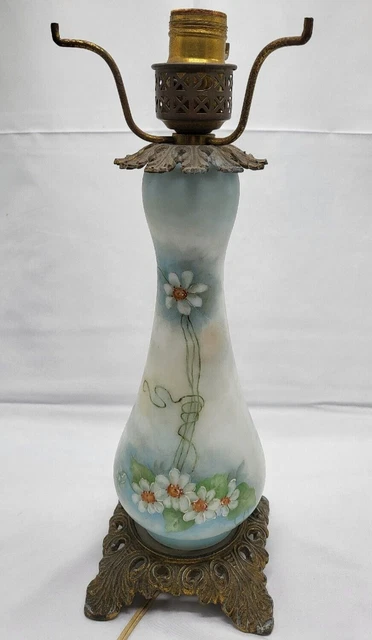 Vintage Karl Rite Table Lamp Frosted Blue Glass Handpainted Flowers Daisies 306