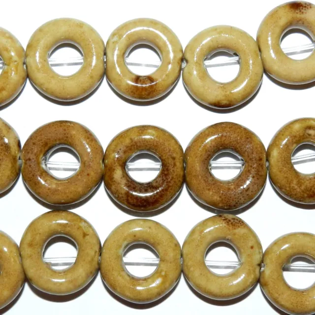 CPC228 Tan-Brown Glazed Ceramic 20mm Flat Puffed Round Donut Beads 8"