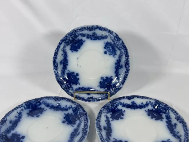 Antique Set 3 New Wharf Pottery Flow Blue Lucerne Saucers Semi-Porcelain England 2