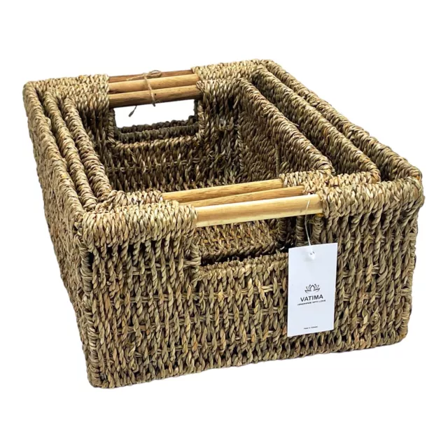 VATIMA 6" High Seagrass Baskets with Wooden Handles, Set of 3, 16" 13.5" & 12"