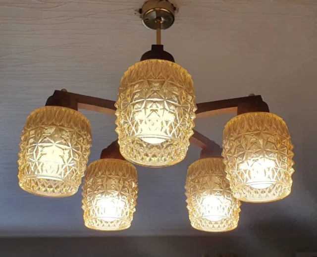 Vintage Retro Mid Century Amber Ceiling Light Teak