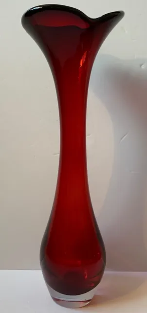 Vintage Tall Heavy Red Glass Vase Murano Cased Ruby Red Mid Century