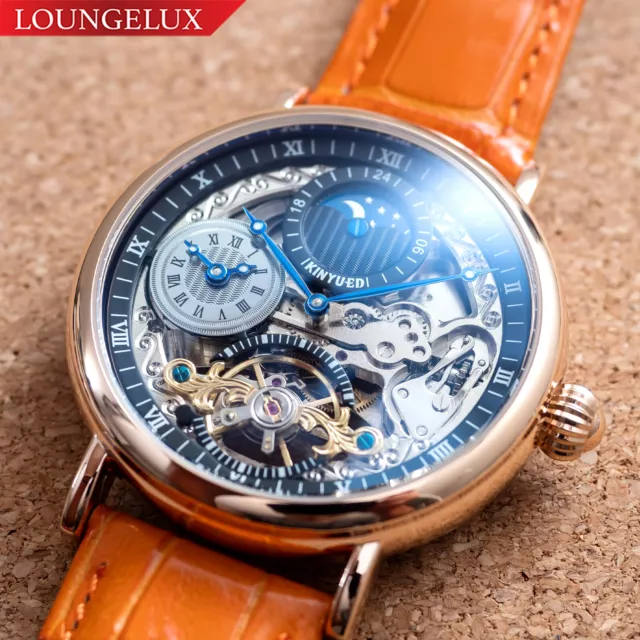 Mens Dual Time Skeleton Automatic Mechanical Watch Relojes Rose Gold Orange