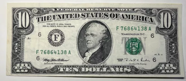 1995 $10 Ten Dollar Bill Federal Reserve Note  Atlanta GA. Vintage Old Currency