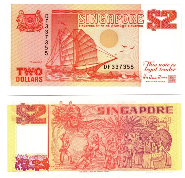 1990 SINGAPORE 2 Dollars Banknote  P27 UNC Ship Series