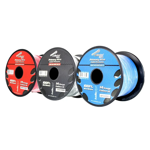 Cable remoto de alimentación a tierra primaria Audiopipe (3) 14ga 100 ft CCA rojo/negro/azul